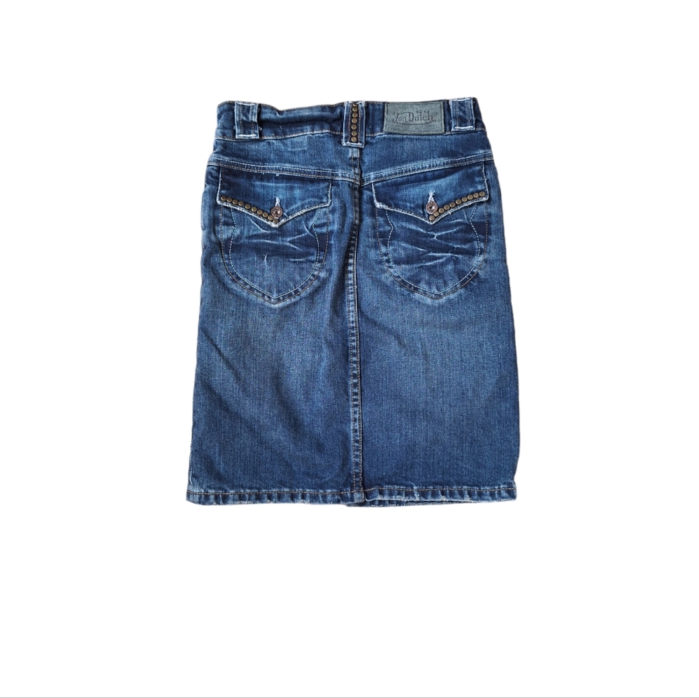 Vintage Von Dutch Y2K Denim Skirt Pencil Gold Studded Mini Womens XS